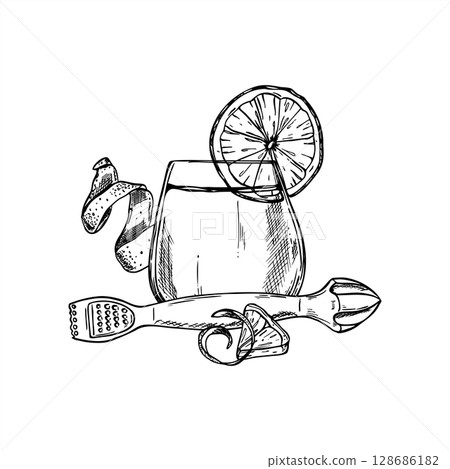 Monochrome glass with citrus drink, lemon slice, zest, peel and zesting tool vector line ink illustration. Healthy drink rich in vitamin C etching drawing for cooking blogs, dieting food design. Monochrome glass with citrus drink, lemon slice, zest, peel and zesting tool vector line ink illustration. Healthy drink rich in vitamin C etching drawing for cooking blogs, dieting food design. 128686182