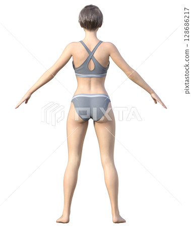 Slim woman, full body back view, 3D illustration, diet before and after image 128686217