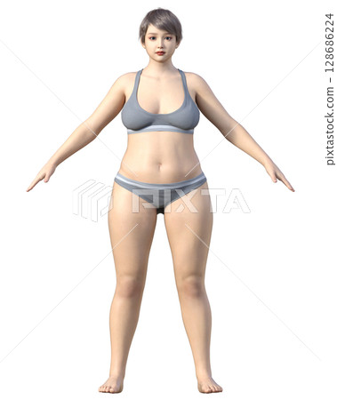 胖女人，全身正面 3D 插圖，節食前後圖像 128686224