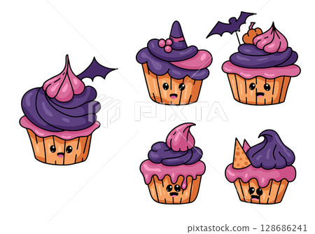 Halloween Cupcake Clipart Set in Kawaii Style 128686241