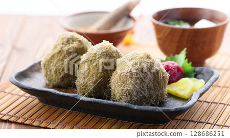 Japanese breakfast: Tororo kelp rice balls and miso soup 128686251