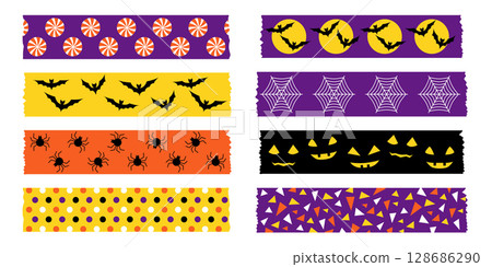 Halloween washi tape set with cute spooky motifs including bats spiders and pumpkins. Vector masking tape in orange purple and black colors for scrapbooking interior and festive packaging. Halloween washi tape set with cute spooky motifs including bats spiders and pumpkins. Vector masking tape in orange purple and black colors for scrapbooking interior and festive packaging. 128686290