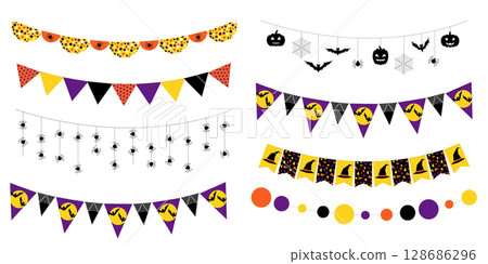 Set of halloween themed garlands with spiders, bats and pumpkins. Cute celebration garlands in purple, orange, yellow and black colors 128686296