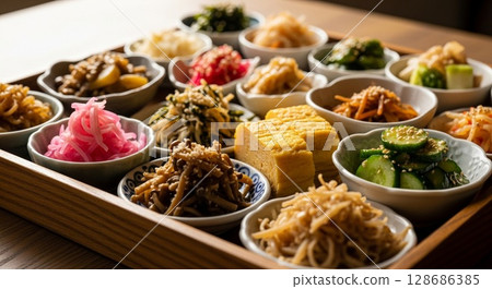 A wooden tray displays a variety of colorful, small Japanese side dishes. 128686385