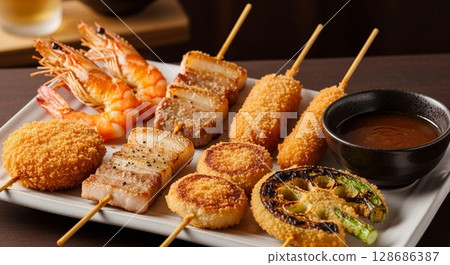 Assorted fried skewers, including shrimp, pork, and vegetables, are presented on a white plate with a dipping sauce. Assorted fried skewers, including shrimp, pork, and vegetables, are presented on a white plate with a dipping sauce. 128686387