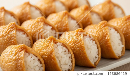Close-up view of a plate of Japanese Inari sushi, showcasing the filled tofu pockets. 128686419
