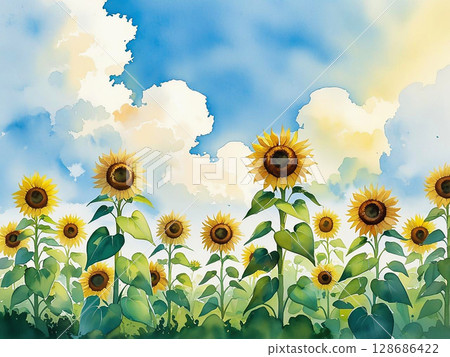 Watercolor illustration of sunflowers and cumulonimbus clouds 128686422