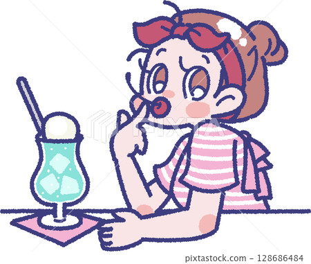 一個女孩吃奶油蘇打水的插圖 一個女孩吃奶油蘇打水的插圖 128686484
