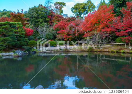 京都的秋天：Hokongoin 花園、池塘和秋葉 128686494