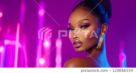 Afro american beautiful woman beauty shot with radiant and glowing skin and makeup.AI Generative Afro american beautiful woman beauty shot with radiant and glowing skin and makeup.AI Generative 128686559