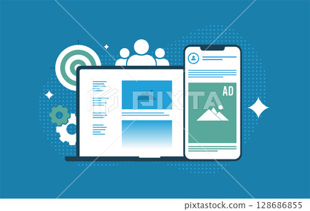 Targeted advertising with audience segmentation, responsive content strategy. Cross-platform marketing and targeted advertising campaign with audience segmentation concept. Flat vector illustration 128686855