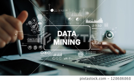 Business Professional Engaging in Data Mining with Digital Graphs and Charts in Modern Office Environment. Asymptotic smart data analytic 128686868