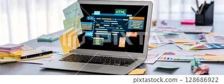 Software development or programming work with coding screen brisk 128686922