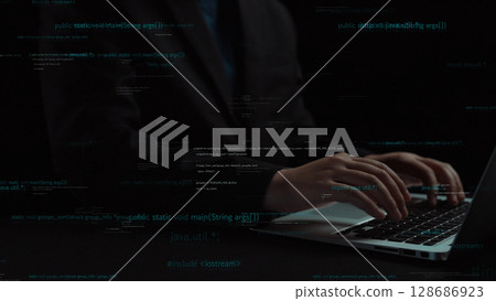 Professional Programmer Typing on Laptop in Dark Environment with Code Overlay, Focus on Hands and Technology, Innovation in Software Development xenic 128686923
