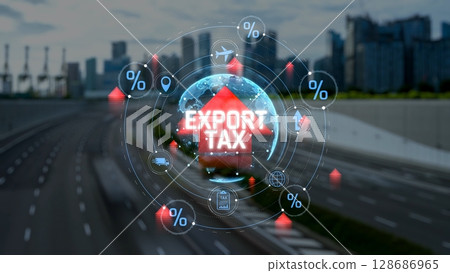 Impact of Export Tax on Global Trade, Financial Systems, and Economic Growth in Urban Landscape with City Skyline Background. Consignment 128686965
