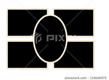 Template collage with five retro frame photos. Moodboard pictures album grid for scrapbooking. Vintage style mood board layout. Isolated on white background. Copy space for your text and photo 128686979