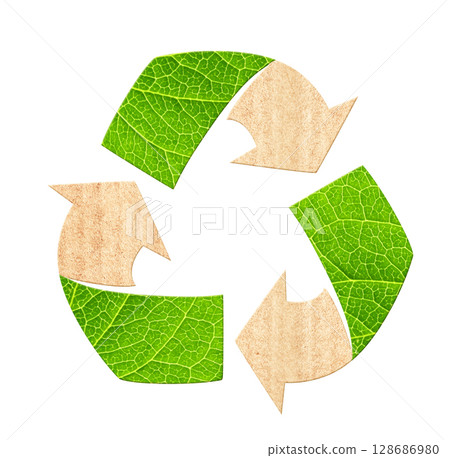Arrows recycle symbol from recycled paper and green leaf. Reuse, renewable resources. Eco-friendly, Ecology, go green, environmental, zero waste, responsible consumption concept. Isolated on white Arrows recycle symbol from recycled paper and green leaf. Reuse, renewable resources. Eco-friendly, Ecology, go green, environmental, zero waste, responsible consumption concept. Isolated on white 128686980
