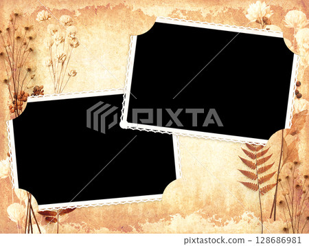 Vintage album page with retro photo frame. Retro background with old blank photo, dry pressed leaves and flowers on paper texture. Nostalgic scrapbooking style. Mock up template. Copy space for text Vintage album page with retro photo frame. Retro background with old blank photo, dry pressed leaves and flowers on paper texture. Nostalgic scrapbooking style. Mock up template. Copy space for text 128686981