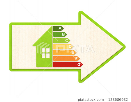 Arrow and energy efficiency chart on eco friendly house from recycled paper. Ecology, go green, environmental protection, energy class, bio energetic concept. Isolated on white background 128686982