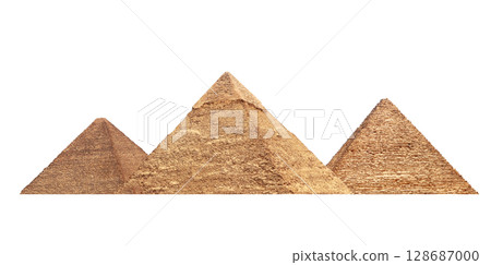 Famous Great Pyramids of Menkaure, Chephren and Cheops, Cairo, Egypt. Three iconic Great Pyramids, Giza Necropolis, have become a popular destination for travellers. Isolated on white background Famous Great Pyramids of Menkaure, Chephren and Cheops, Cairo, Egypt. Three iconic Great Pyramids, Giza Necropolis, have become a popular destination for travellers. Isolated on white background 128687000