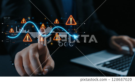 Economic Caution and Risk Alert in Volatile Market with Financial Warning Elide 128687020
