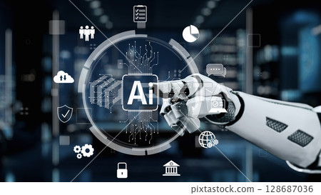 Futuristic robotic hand interacting with artificial intelligence symbols and icons in a digital workspace environment focused on technology and innovation. Auvana 128687036