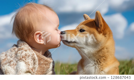 A child and a Shiba Inu playing under the blue sky A child and a Shiba Inu playing under the blue sky 128687043