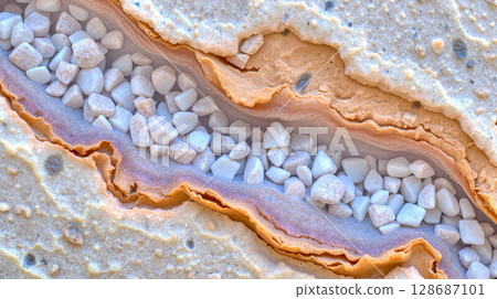 Natural rock texture closeup showing mineral vein filled with white crystals, macro background of geological formation with pebbles embedded in stone layers Natural rock texture closeup showing mineral vein filled with white crystals, macro background of geological formation with pebbles embedded in stone layers 128687101