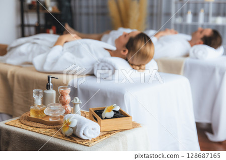Aromatherapy massage ambiance or spa salon composition setup. Quiescent 128687165