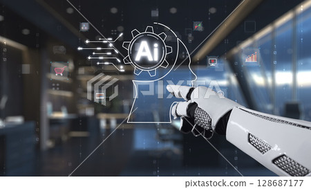 Futuristic Robotic Hand Interacting with Digital AI Concept in Modern Office Environment Ideal for Technology and Innovation Stock Photo Usage. Auvana Futuristic Robotic Hand Interacting with Digital AI Concept in Modern Office Environment Ideal for Technology and Innovation Stock Photo Usage. Auvana 128687177