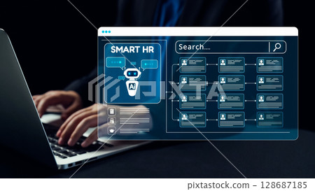 Innovative HR Technology Interface Featuring Robot Assistant with Data Management and User Search Functionality in Modern Workplace Setting. Qubit 128687185