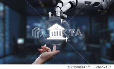 Futuristic Robot Hand Holding Globe with Financial Institution Symbols and Growth Indicators in Modern Office Setting, Representing Innovations in Banking Technology. Auvana Futuristic Robot Hand Holding Globe with Financial Institution Symbols and Growth Indicators in Modern Office Setting, Representing Innovations in Banking Technology. Auvana 128687196