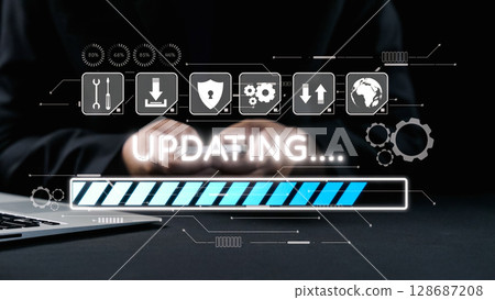 Hands of a technician working on a digital device with progress bar showing system update and various technology icons representing maintenance and security features. Qubit 128687208