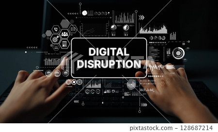 Hands Interacting with Digital Screen Showing Data Visualization and Analytics Indicators for Business Transformation Concept. Asymptotic smart data analytic 128687214