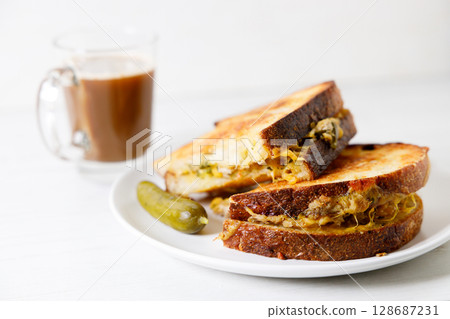 Grilled tuna and cheese sandwiches on sourdough bread. 128687231