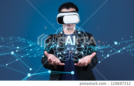 Innovative Concept of Artificial Intelligence with Virtual Reality and Neural Networks Represented by a Person Wearing VR Goggles XDMCP Innovative Concept of Artificial Intelligence with Virtual Reality and Neural Networks Represented by a Person Wearing VR Goggles XDMCP 128687312