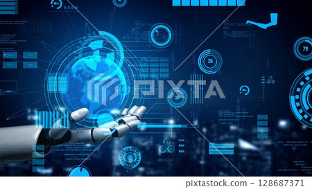 Futuristic Technology Concept with Robotic Hand Interacting with Digital Globe and Data Visualizations, Representing Artificial Intelligence and Innovation xenic 128687371