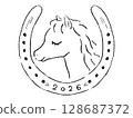 2026 馬年新年祝福素材插圖可愛的馬線描馬蹄鐵 128687372
