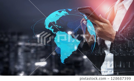 Global network connection visualization showing data exchange Thunk 128687399