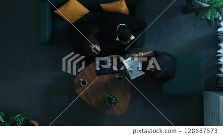 Top view of smart team analysis graph while leader present chart. Directorate. 128687573