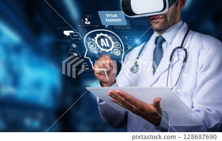 Doctor in Virtual Reality Using AI Technology for Patient Care and Medical Innovation in a Futuristic Environment. PHMT 128687690