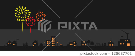 Illustration of a landscape with fireworks and a cityscape 128687701