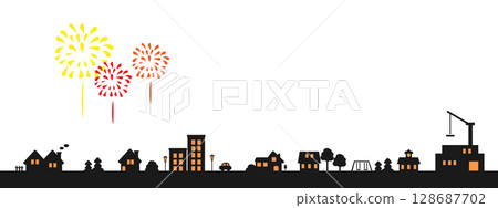 A simple illustration of a cityscape with fireworks 128687702