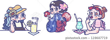 三個女孩的夏日插畫 128687719