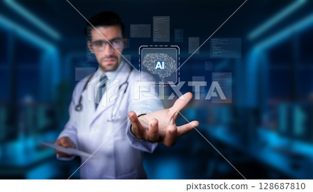 Medical professional analyzing artificial intelligence data with technology in a modern healthcare environment, showcasing innovation and digital transformation. PHMT 128687810