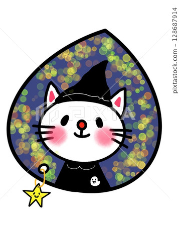 萬聖節貓巫師站在水滴和搖曳的星星圖案之中 萬聖節貓巫師站在水滴和搖曳的星星圖案之中 128687914