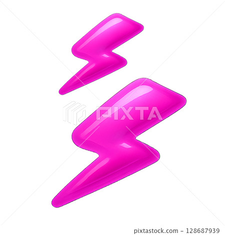 天氣圖示帶有醒目的粉紅色霹靂、豐滿的三維閃電符號以及可愛、流行的霹靂。 128687939