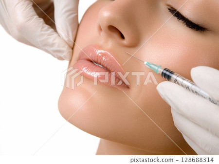 Face and lips of an young beautiful woman receiving botox treatment beauty.AI Generative. 128688314