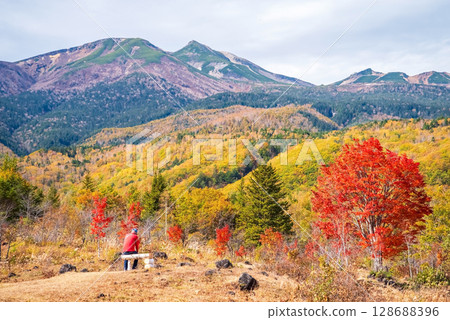 [Autumn in Norikura Highlands] The "big maple tree" at Ichinose Garden and Mount Norikura 128688396