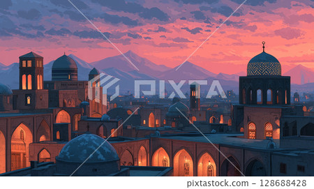 Ancient city at twilight: traditional Iranian architecture and the silhouette of mountains in the distance 128688428